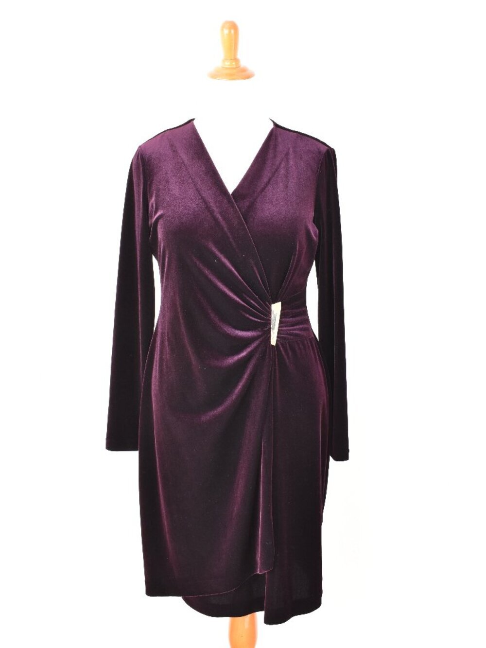 Calvin Klein Velvet Faux Wrap Gathered Ruched Dress - 14